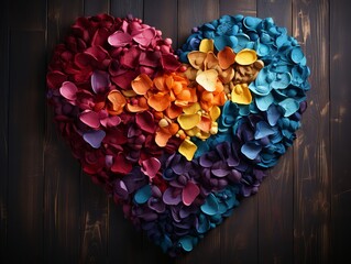 Rainbow color heart made of flowers isolated . This illustration represents concept of love for LGBTQ, gay, lesbian, pride and bisexsual.