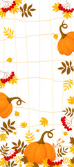 Obraz na płótnie Canvas Autumnal vertical banner pumpkin, rowan and fall leaves
