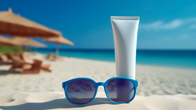 Blank Empty White Plastic Tube. Sunscreen Lotion On Beach