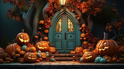 house entrance decorated with pumpkins
