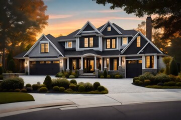  A black and white luxury home with a two car garage and black door, professional landscaping, and...