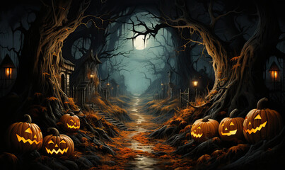 Halloween, pumpkin lanterns, in a natural landscape.