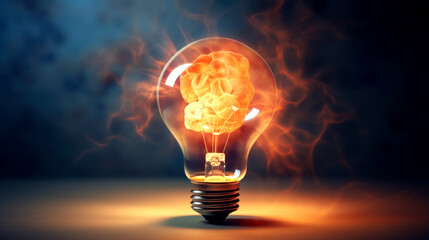 Light bulb with human brain inside on dark background. Generative AI