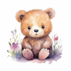 AI generated, cute teddybear in watercolor style illustration on white background. Beautiful illustration for a children’s book, postcards, napkins. Cute sweet little bear.