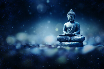 Buddha Statue on Starry Night Blue Blurred Background