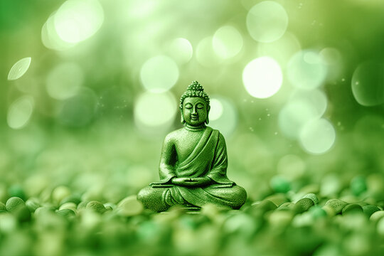 Buddha Statue on Green Blurred Background