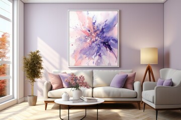 Modern home interior with minimal design peaceful abstract freestyle oil painting and luxury couch