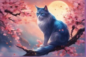 a beautiful image of a blue cat and a cherry blossom tree.