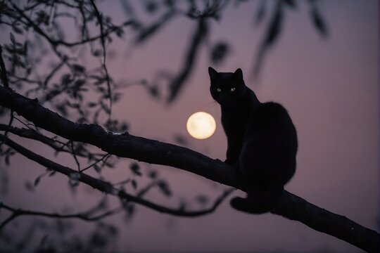 eerie and mysterious image of a black cat and a full moon