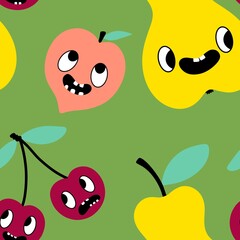 Cartoon fruit seamless cherry and pears and peach pattern for wrapping paper and kids clothes print and fashion