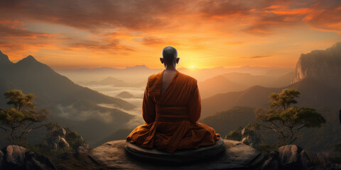 Buddhist monk in meditation at beautiful sunset or sunrise background on high mountain. Generative AI - obrazy, fototapety, plakaty