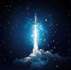 Rocket taking off from space with smoke and stars on dark blue background