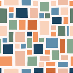 Hand-Drawn Blue, Orange and Green Geometric Checks Vector Seamless Pattern. Modern Retro Palyful Print. Organic Square Shapes