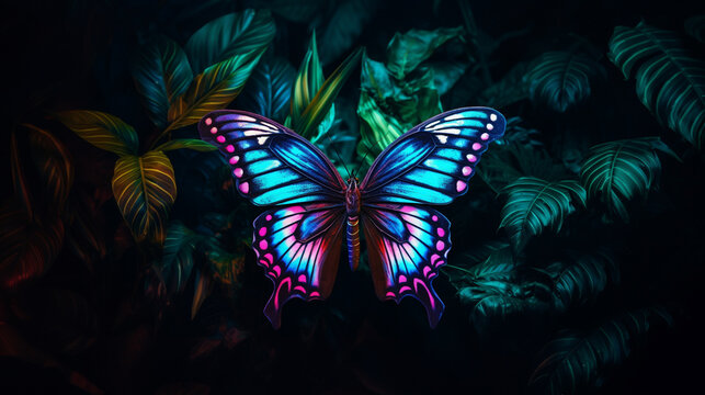 butterfly glowing colorful neon paint at night in tropical jungle made with generative AI