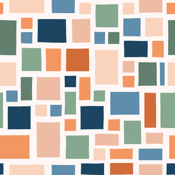 Hand-Drawn Blue, Orange and Green Geometric Checks Vector Seamless Pattern. Modern Retro Palyful Print. Organic Square Shapes