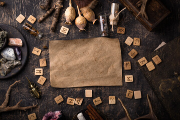 Esoteric magical background with runes.