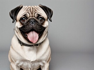 Portrait of excited pug dog with tongue out in grey background