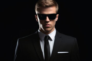 A secret agent in a suit and dark sunglasses. - obrazy, fototapety, plakaty