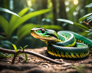 Fototapeta premium close up of a tropical snake in a jungle - generative ai