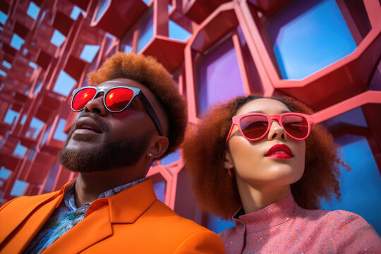 Fashionable Modern Black Man And Woman, Both Donning Sunglasses, Capture A Stylish Selfie Together. Perfect For Urban Fashion, Technology, And Social Media-themed Visuals.