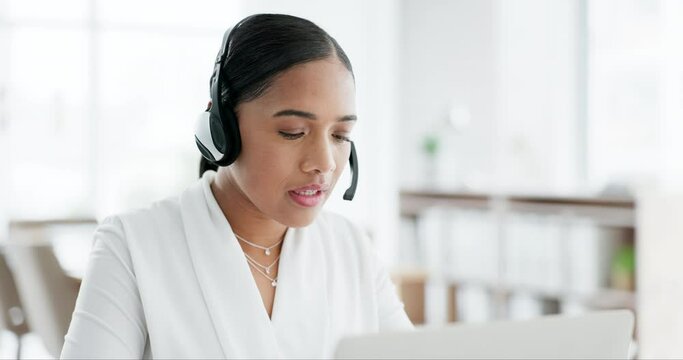 Call center, help and business woman in office consulting for customer support, crm or contact us. Smile, advice and lady lead generation consultant with friendly, service or b2b virtual assistance