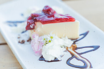 Appetizing white blueberry cake in a cafe next to the sea, Sue Flamingo, Ao Yon Beach, Phuket...