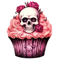 Fotobehang Aquarel doodshoofd Delicious Pink Halloween Cupcake Watercolor, Retro Sweet and Spooky Dessert, Skull, Roses. Isolated on Transparent Background. Generative AI