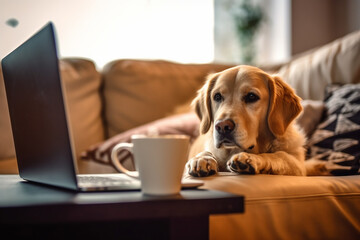 A business dog with his computer, working, with a cup of coffee