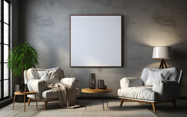 blank frame poster mockup at living room, loft interior 