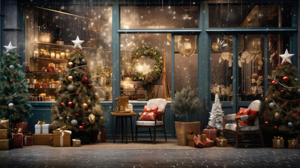 Fototapeta na wymiar Christmas gift shop with decoration. Generative AI
