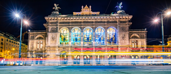 Vienna city at night, famous State Opera House building, Austria