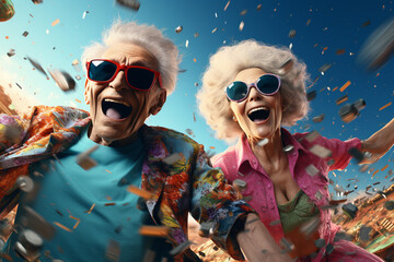 Happy retirees, pensioners. summer vacation, holidays beach, ship and sea, cocktails, travel, happy old age, enjoying life. Grandmother and grandfather, grandparents. Generative AI