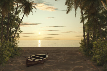 3D rendering of tropical plants alley with abandoned boat in the sunset light
