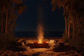 3D rendering of large campfire at night next to tropical plants