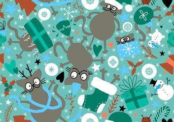 Obraz premium Christmas animals seamless cats and gift box and tree and toys pattern for wrapping paper and fabrics