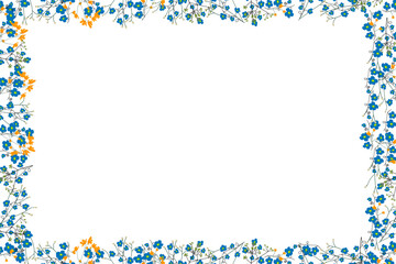 Creative art frame with white empty space for your text. Useful for photo cards,school invitations,advertising. Design template with blue and yellow ditsy field flowers.