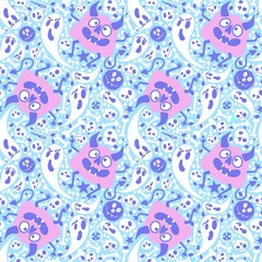 Fototapeta premium Halloween monsters seamless pumpkins and ghost and bones pattern for wrapping paper and fabrics and linens
