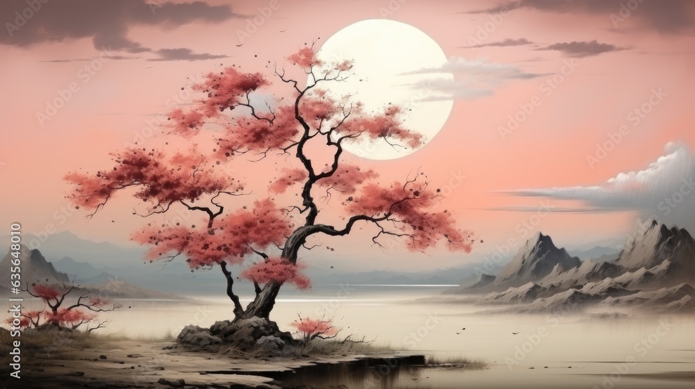 Poster a painting of a tree in the middle of a lake. generative ai image.