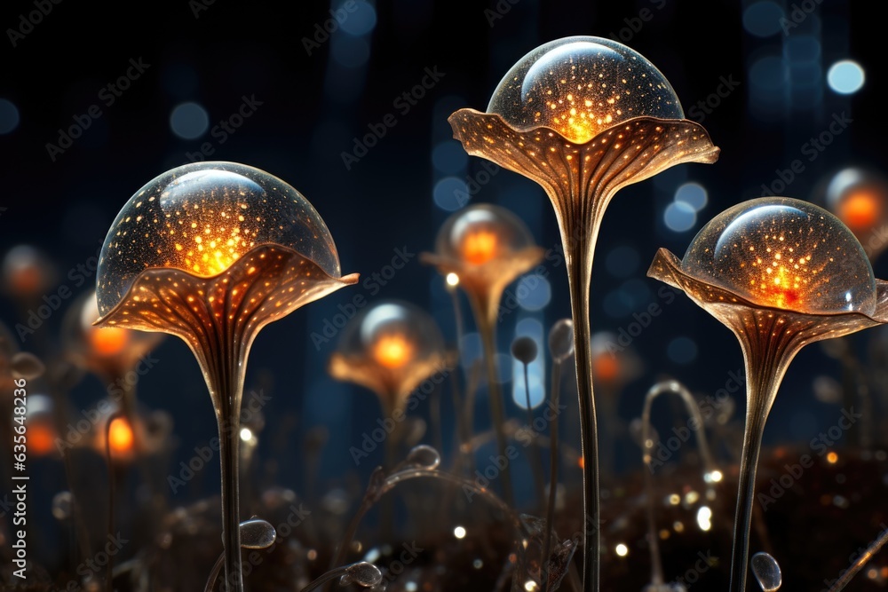 Poster a group of glowing flowers in a field. generative ai image.
