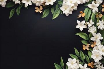 green leaves and white flowers wallpaper isolated on dark black background with space for text mockup