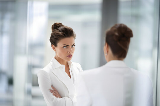 angry discussing business woman, in a white suit