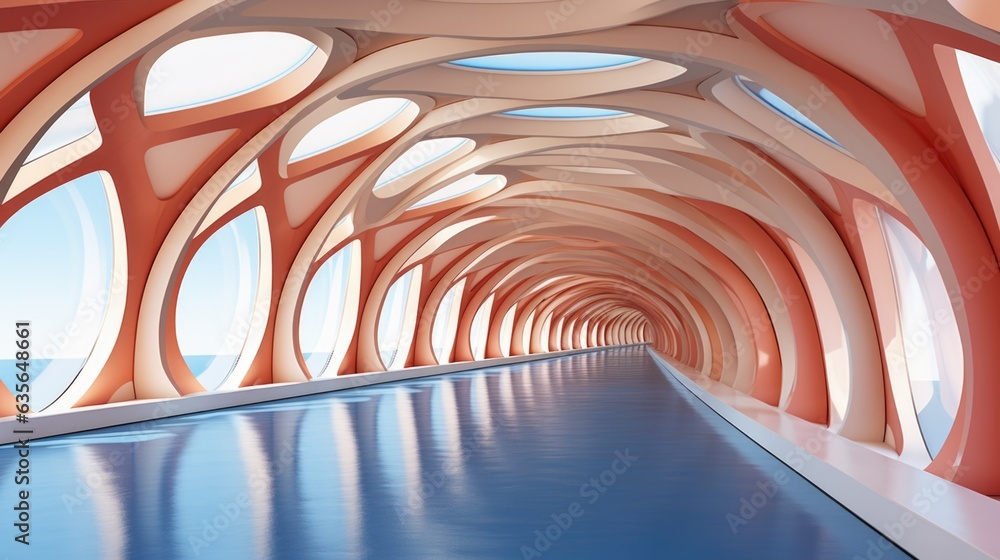 Poster a long tunnel with a sky view of the ocean. generative ai image.
