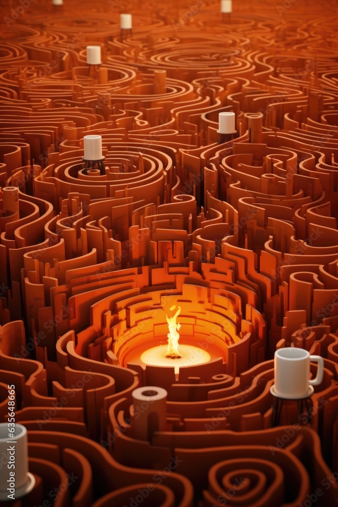 Poster a maze with a candle in the middle of it. generative ai image.