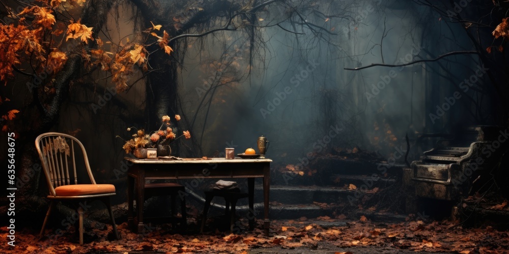 Poster a table and chairs in a dark forest. generative ai image.
