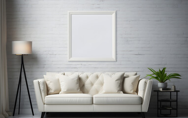 blank frame poster mockup at living room, loft interior 