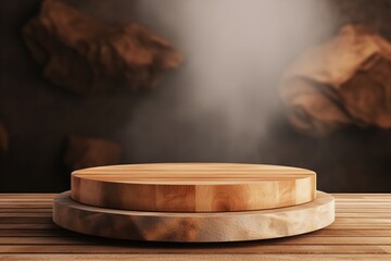 Obraz na płótnie Canvas wood podium pedestal for product presentation on a warm red wood sauna ambience commercial mockup
