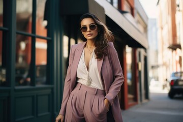 Obraz premium Fashion blogger wearing a chic blazer and wide-leg pants, trends for spring 2023 - AI Generated