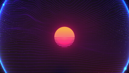Synthwave Sunset Background. 80s Sun over line landscape. Dark starry sky. Virtual 3d scene. Perspective  terrain. Banner, party flyer, poster or cover template. Stock vector illustration