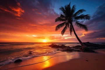 Fototapeten Silhouette of a palm tree against a dramatic sunset over a tropical beach - AI Generated © Arthur