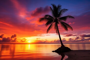 Silhouette of a palm tree against a dramatic sunset over a tropical beach - AI Generated